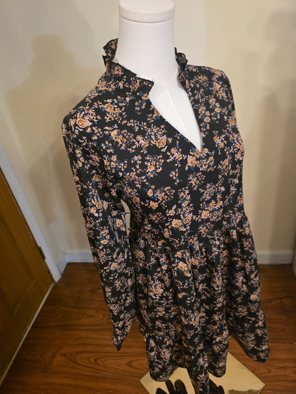 Brand New: Black Floral Long-Sleeve Ruffle Neck Dress with Peach Blooms
